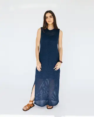 vestido longo tricô azul marinho